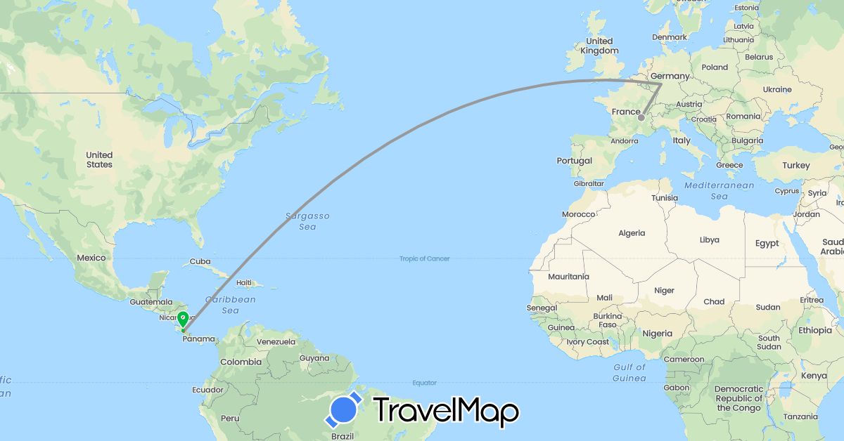 TravelMap itinerary: driving, bus, plane, hiking in Costa Rica, Germany, France (Europe, North America)